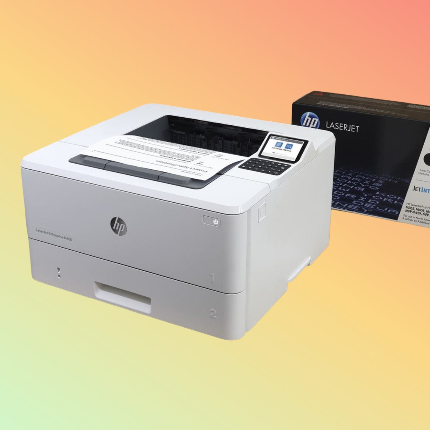 HP LaserJet M406dn printer box contents – toner cartridge, power cord, setup guide UAE