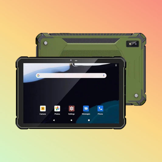 "Front view of Postech PT-R1030 rugged industrial Android tablet."