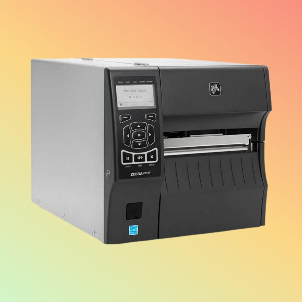 "Zebra ZT41042 industrial barcode printer setup with roll and ribbon loaded."