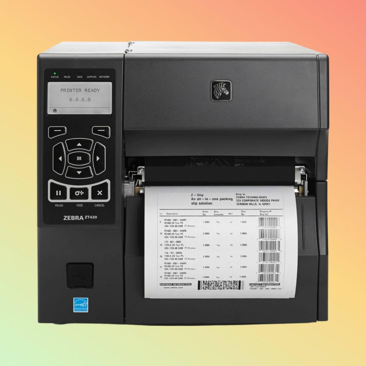 "Zebra ZT41042 Barcode Printer angled view showing metal frame and LCD interface."