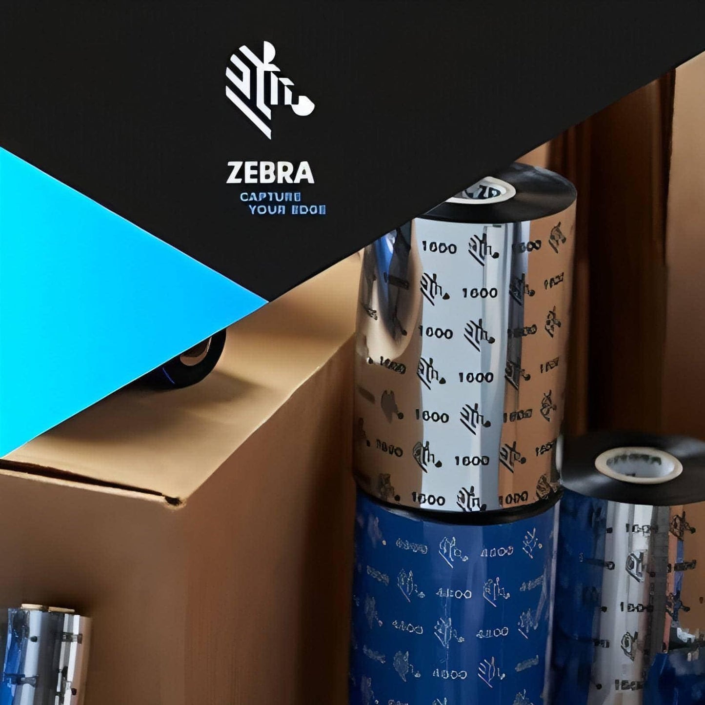 "Zebra 1600BK Wax Ribbon roll displaying premium quality for labels."