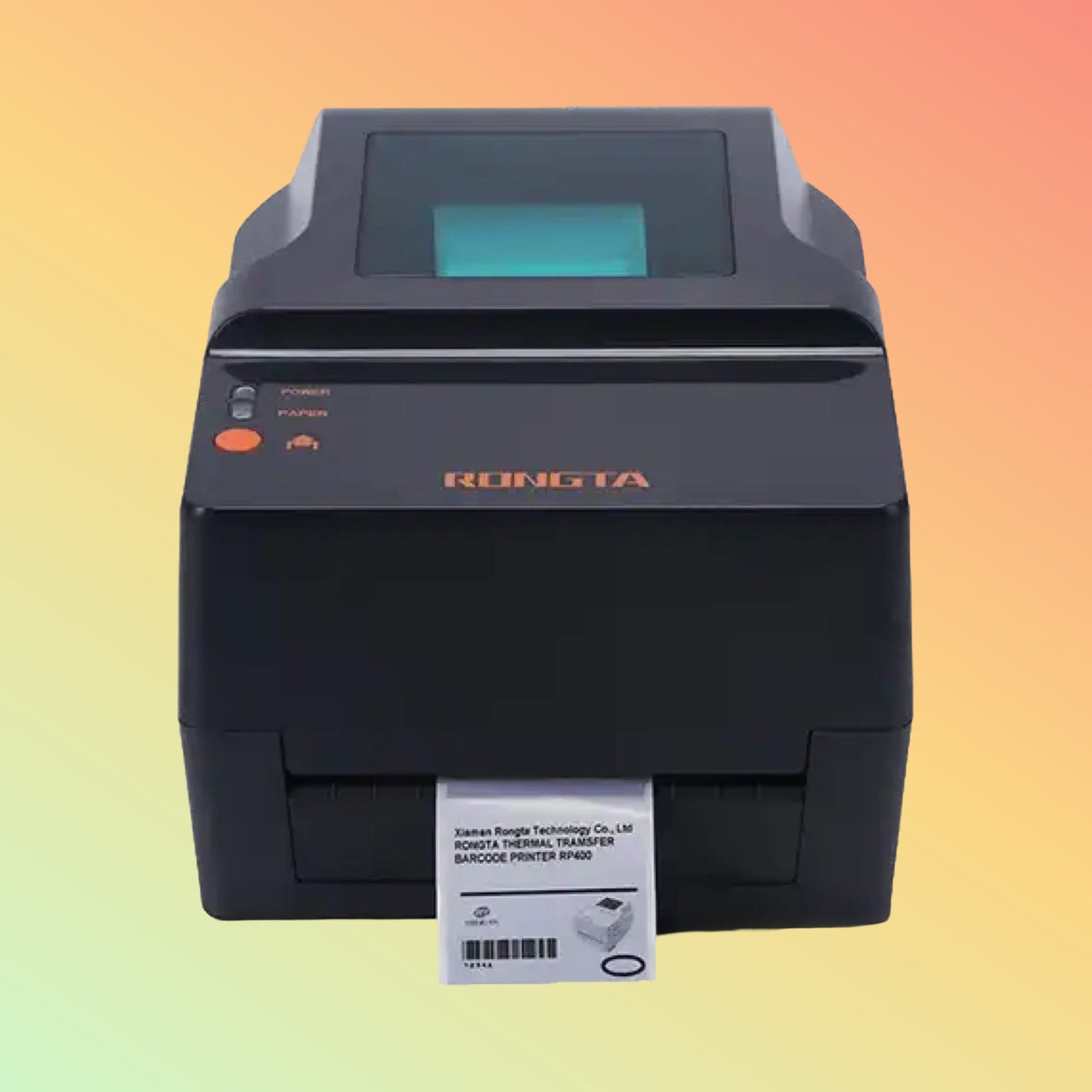 "Front view of the Rongta RP400 Barcode Printer displaying its 2.8-inch color LCD screen and compact design, ideal for retail and industrial use."