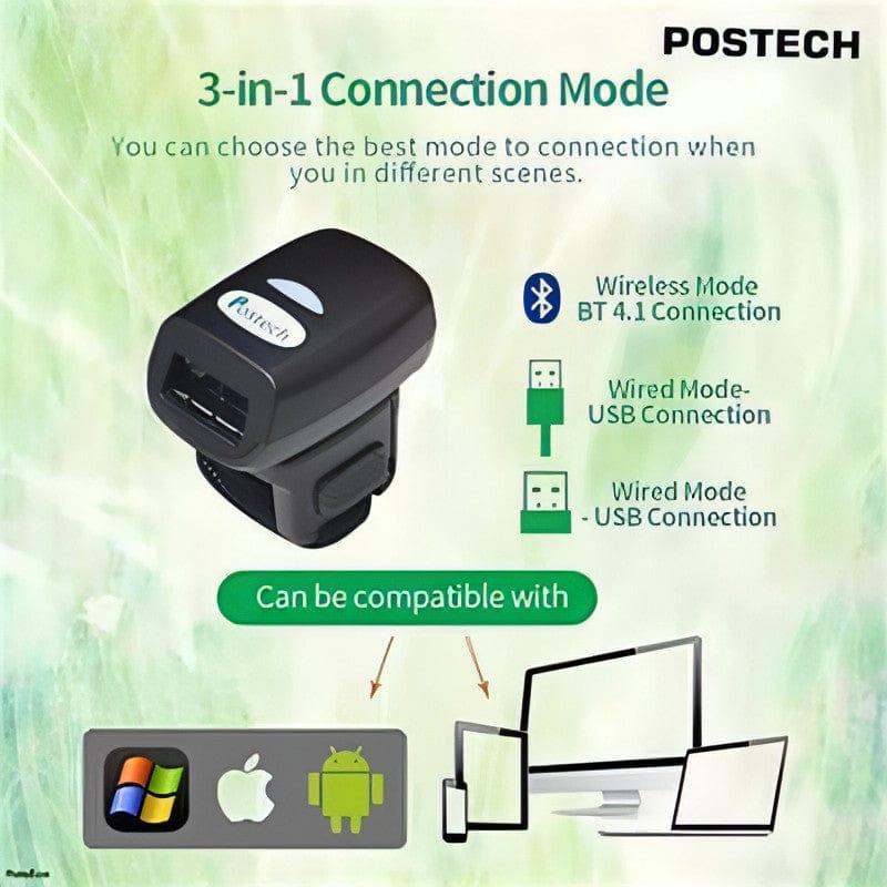 Postech BT Wireless Barcode Scanner in use in a retail store, highlighting durability