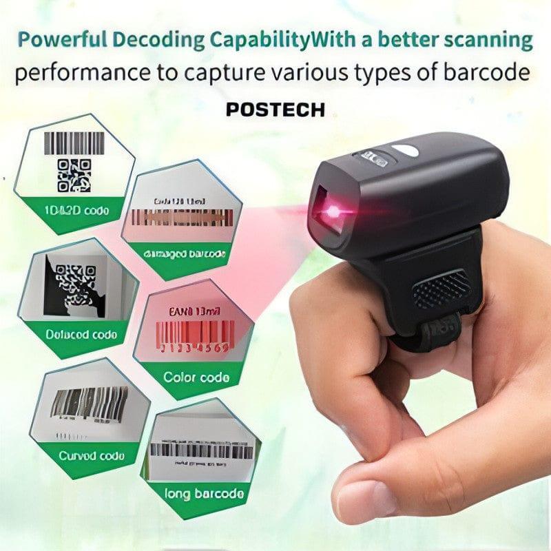 Postech BT Wireless Barcode Scanner showing Bluetooth pairing and LED indicator