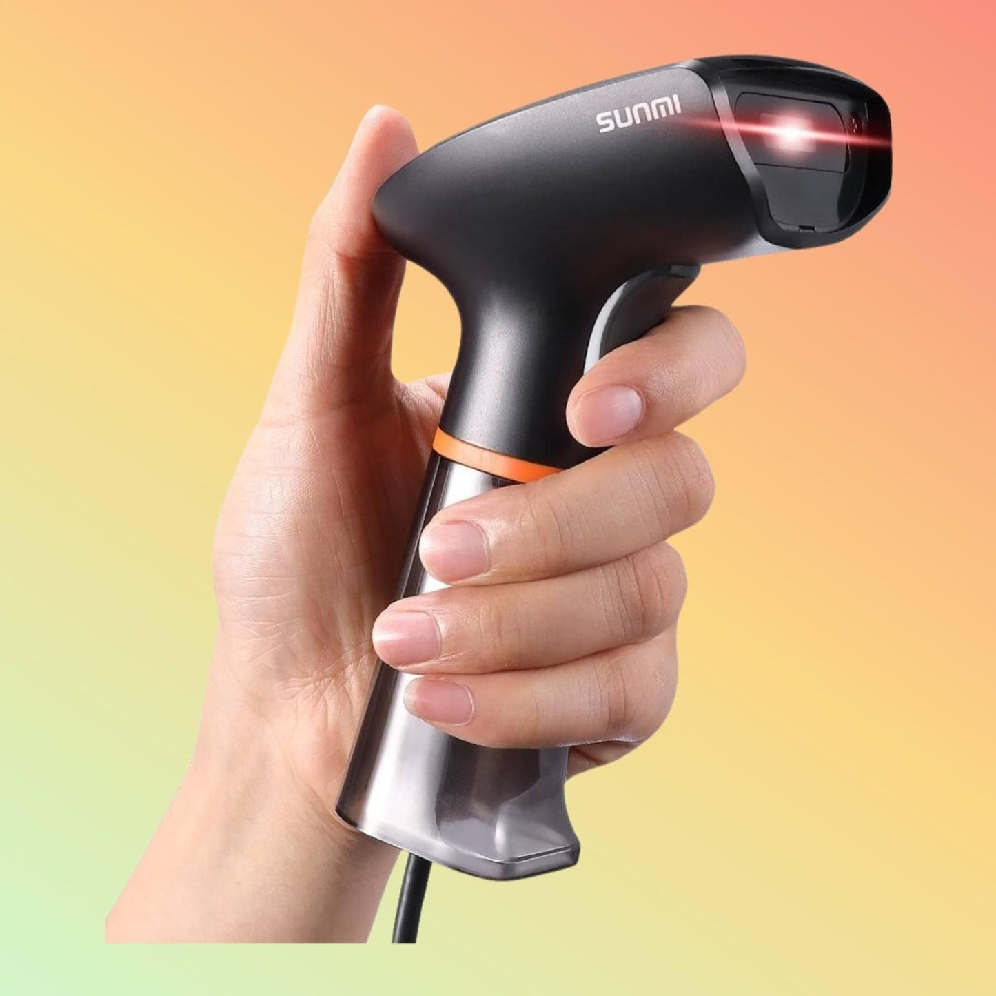 "Close-up of SUNMI NS021-2D Barcode Scanner highlighting ergonomic grip."