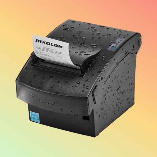 Bixolon thermal printer with a printed label on a gradient background