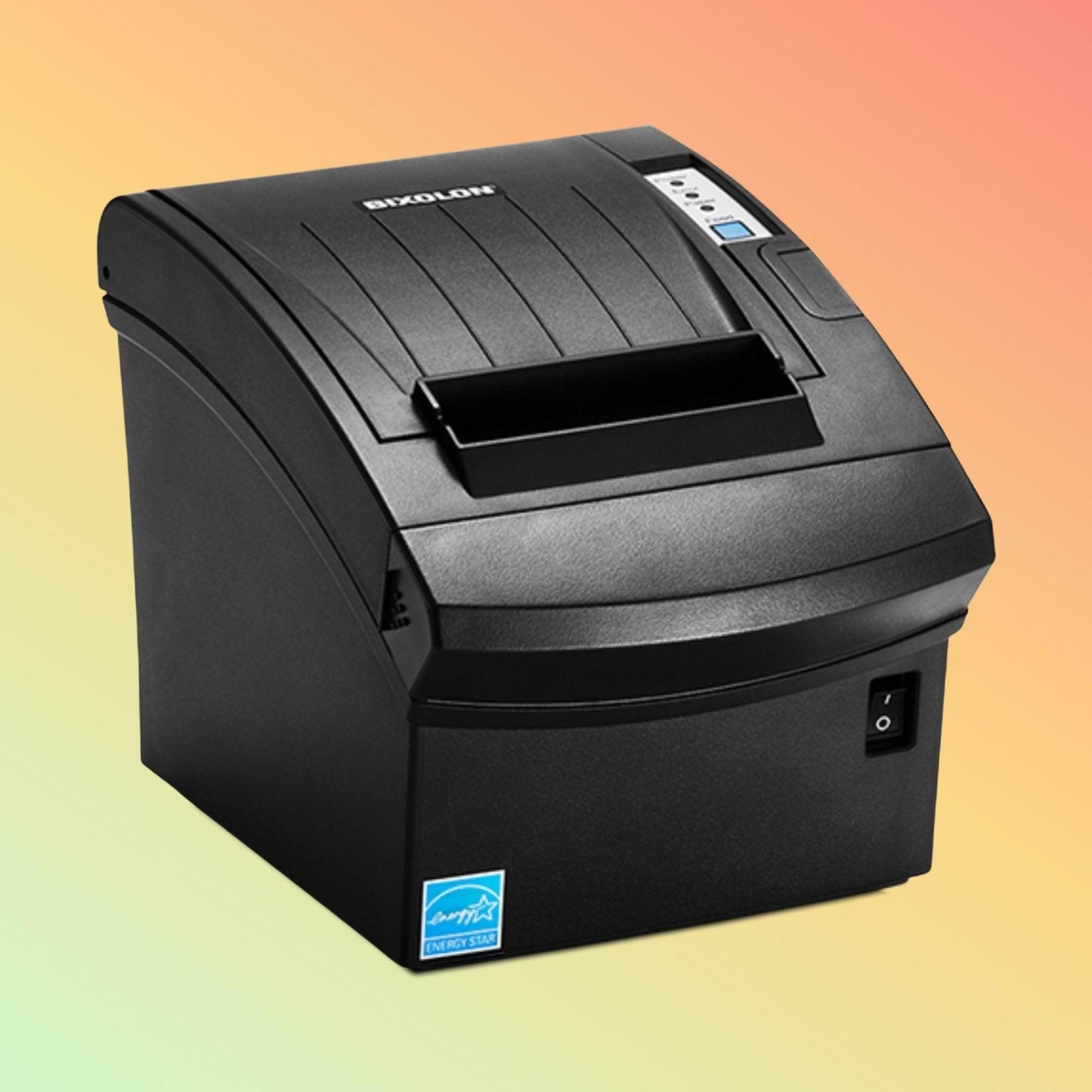 Black POS printer on a gradient background
