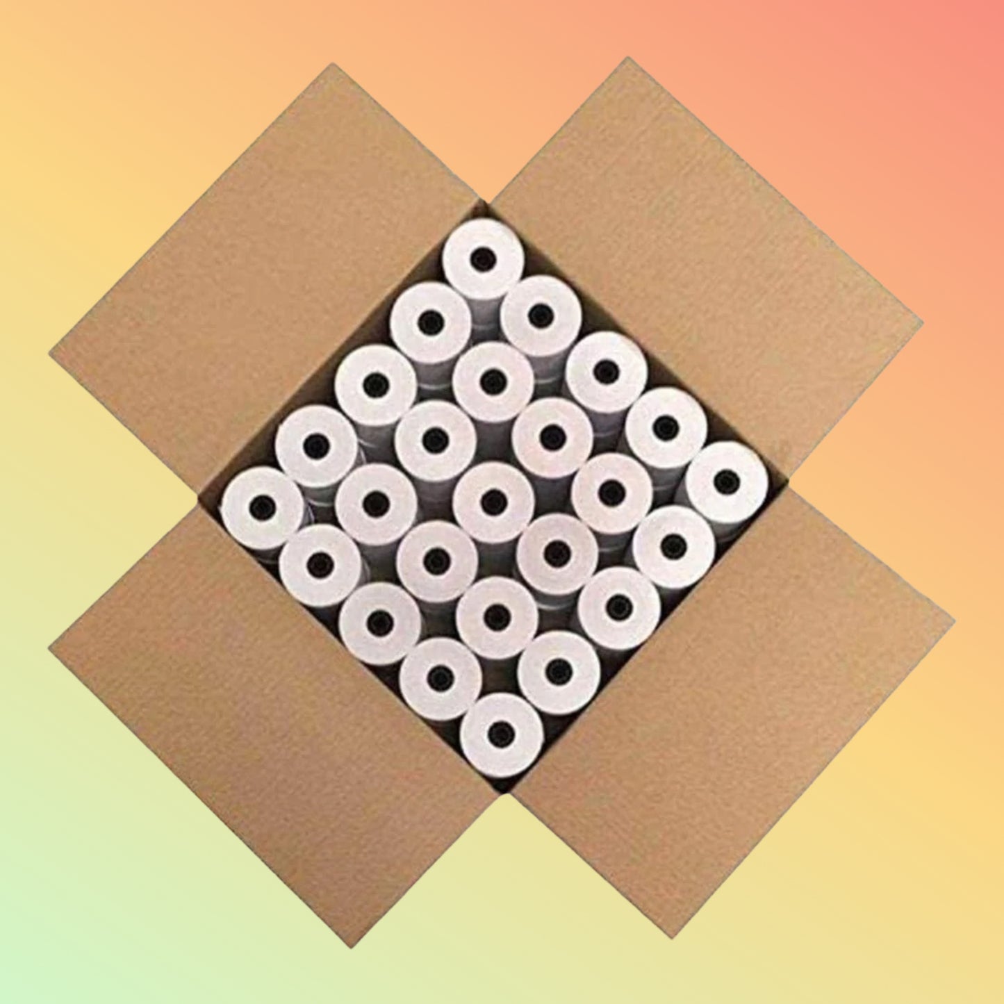 Cardboard box filled with white rolls on a gradient background