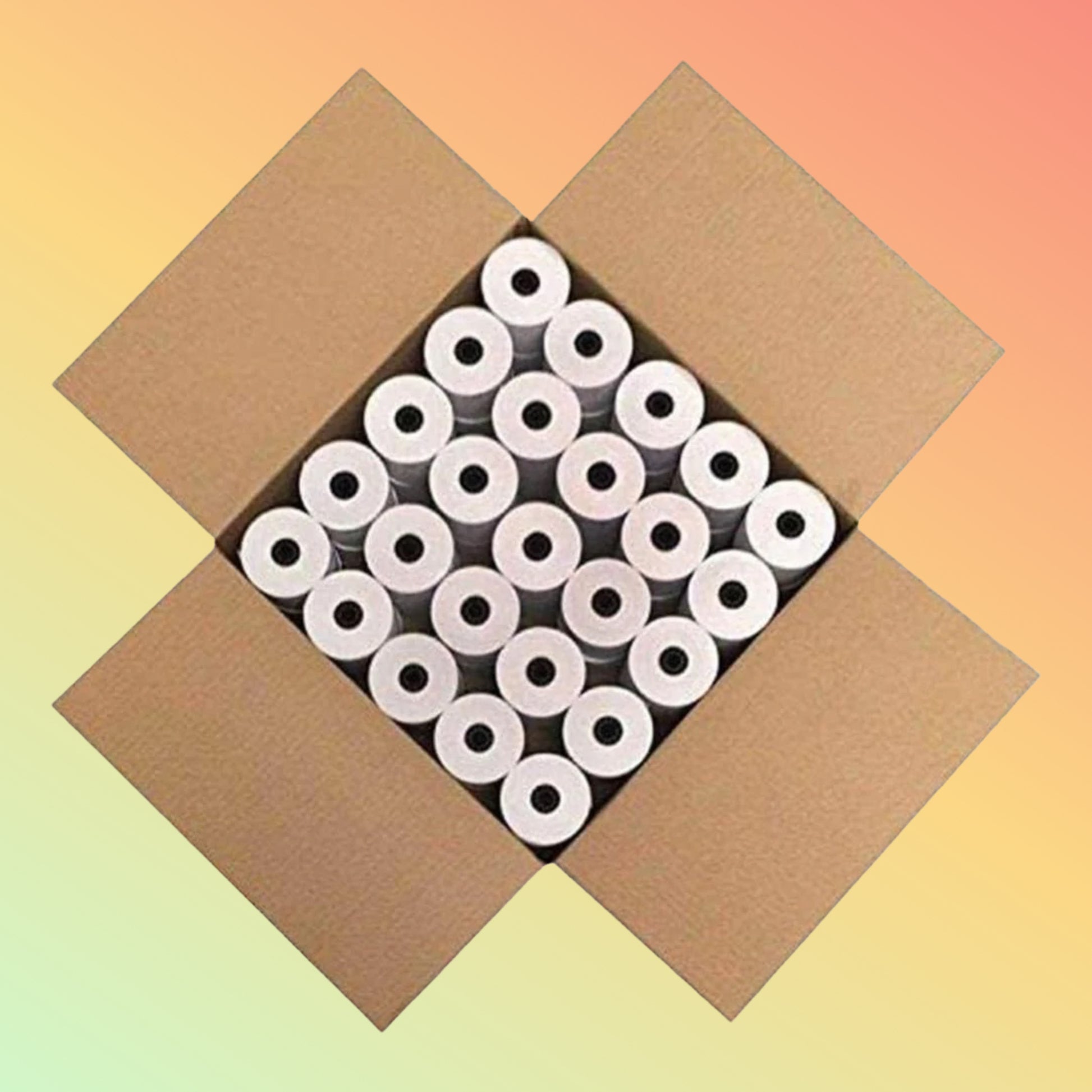 Cardboard box filled with white rolls on a gradient background