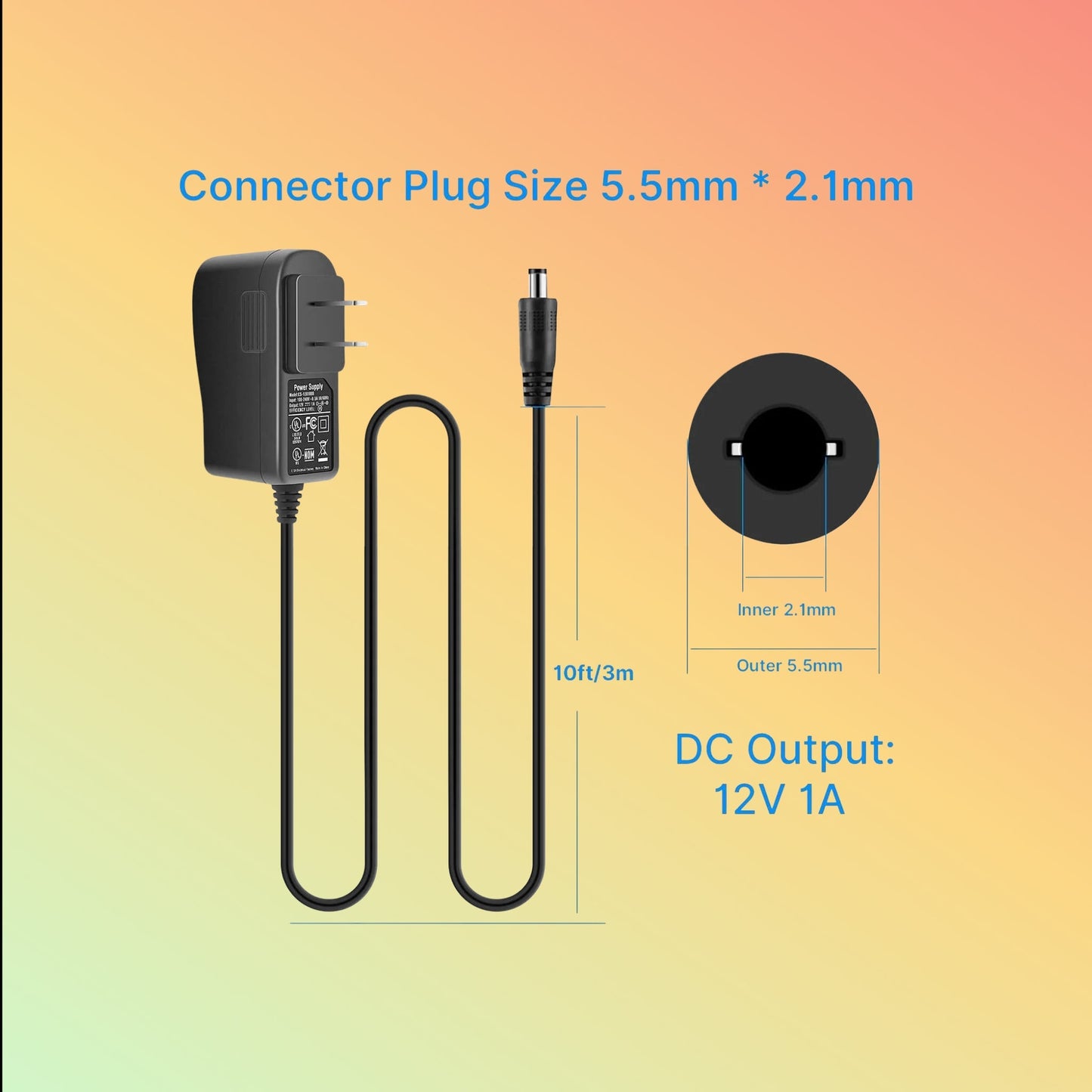 Hiseeu 12V 1A Power Adapter – 12W, 10ft Cable, FCC, for Security Cameras - NEOTECH