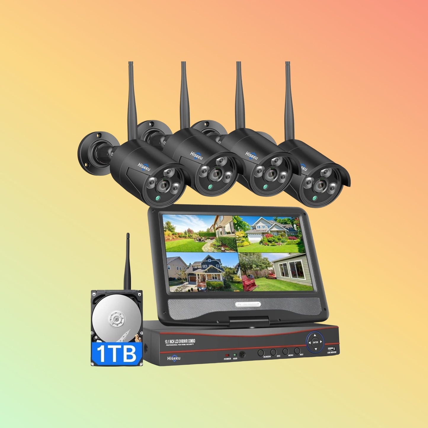 Hiseeu [Wireless Pro, 100ft Range,Expandable 16Channels 4K 10.1" LCD Monitor NVR] 5MP Black Wireless Security Camera System With 1T HDD - NEOTECH