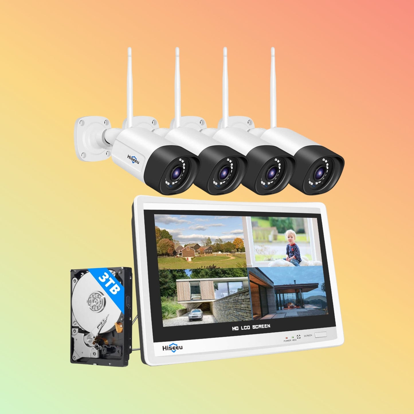 Hiseeu [Wireless Pro with 12" LCD Monitor,Expandable 16Channels 4K NVR] 5MP Wireless Security Camera System BUILD - IN 3T HDD With Two Way Audio - NEOTECH