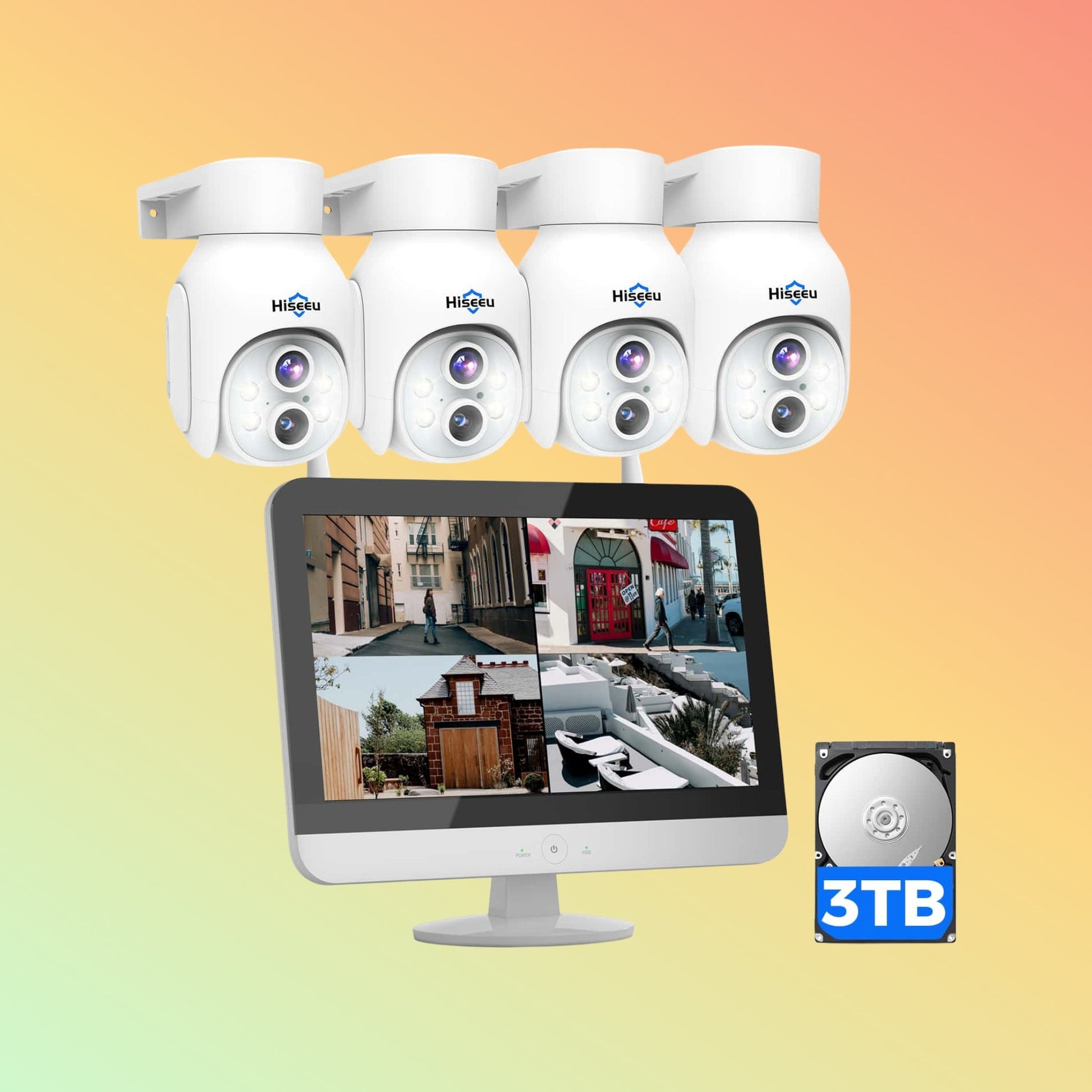 Hiseeu [Wireless Pro,Expandable 10Channels 12.1"Monitor NVR] 2k Dual - Lens Wireless PTZ 10X Zoom Security Camera System BUILD - IN 3THDD - NEOTECH