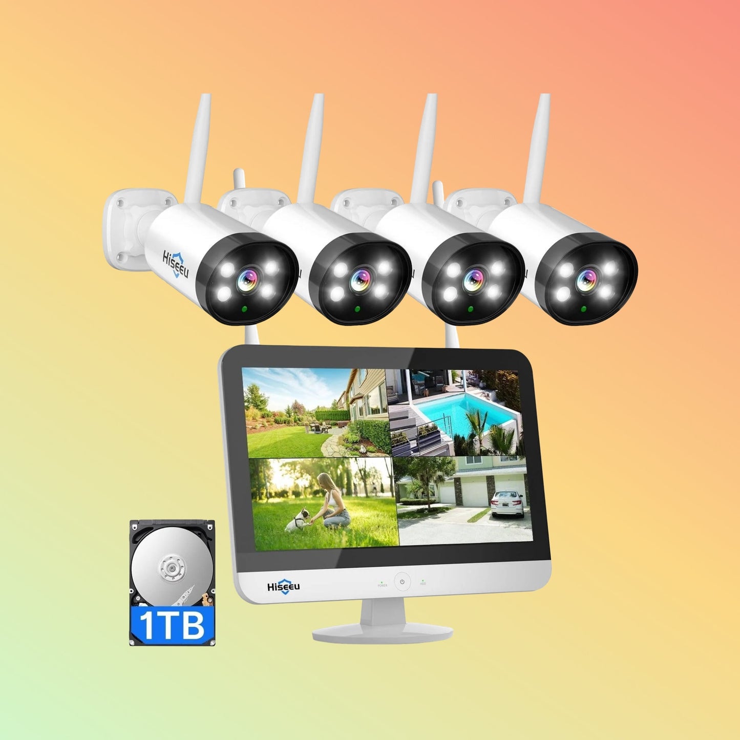 Hiseeu [Wireless,Expandable 10Channels 12.1"Monitor NVR] 2k Wireless Security Camera System BUILD - IN HDD - NEOTECH
