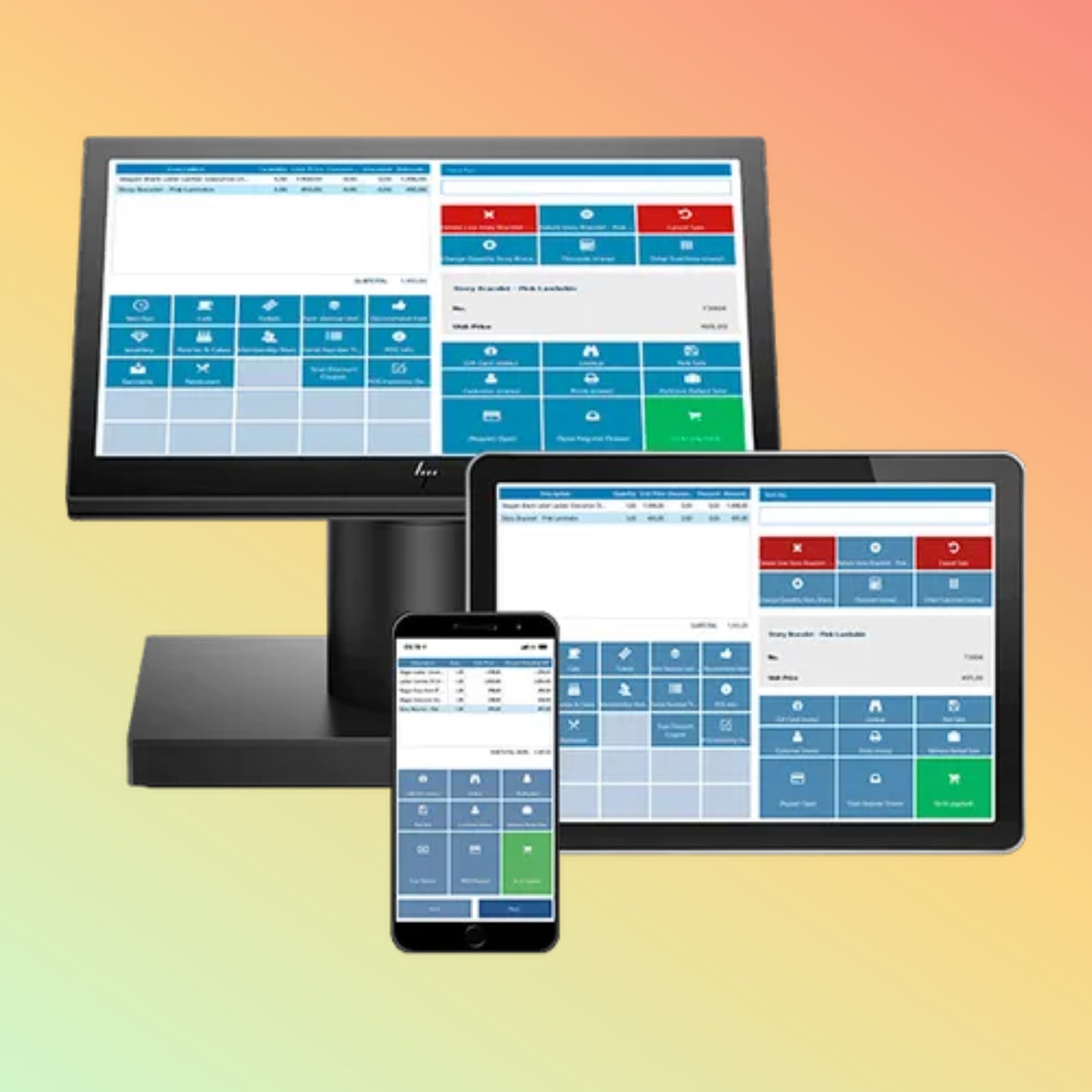 Computer monitor, tablet, and smartphone displaying a software interface on a gradient background