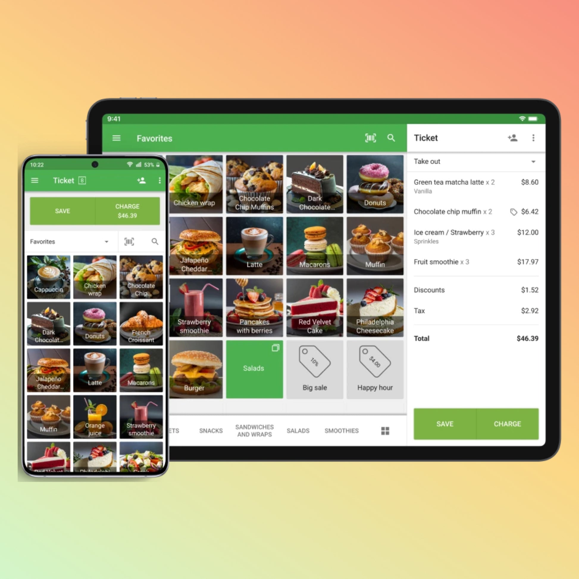 Tablet and smartphone displaying a food ordering app on a gradient background