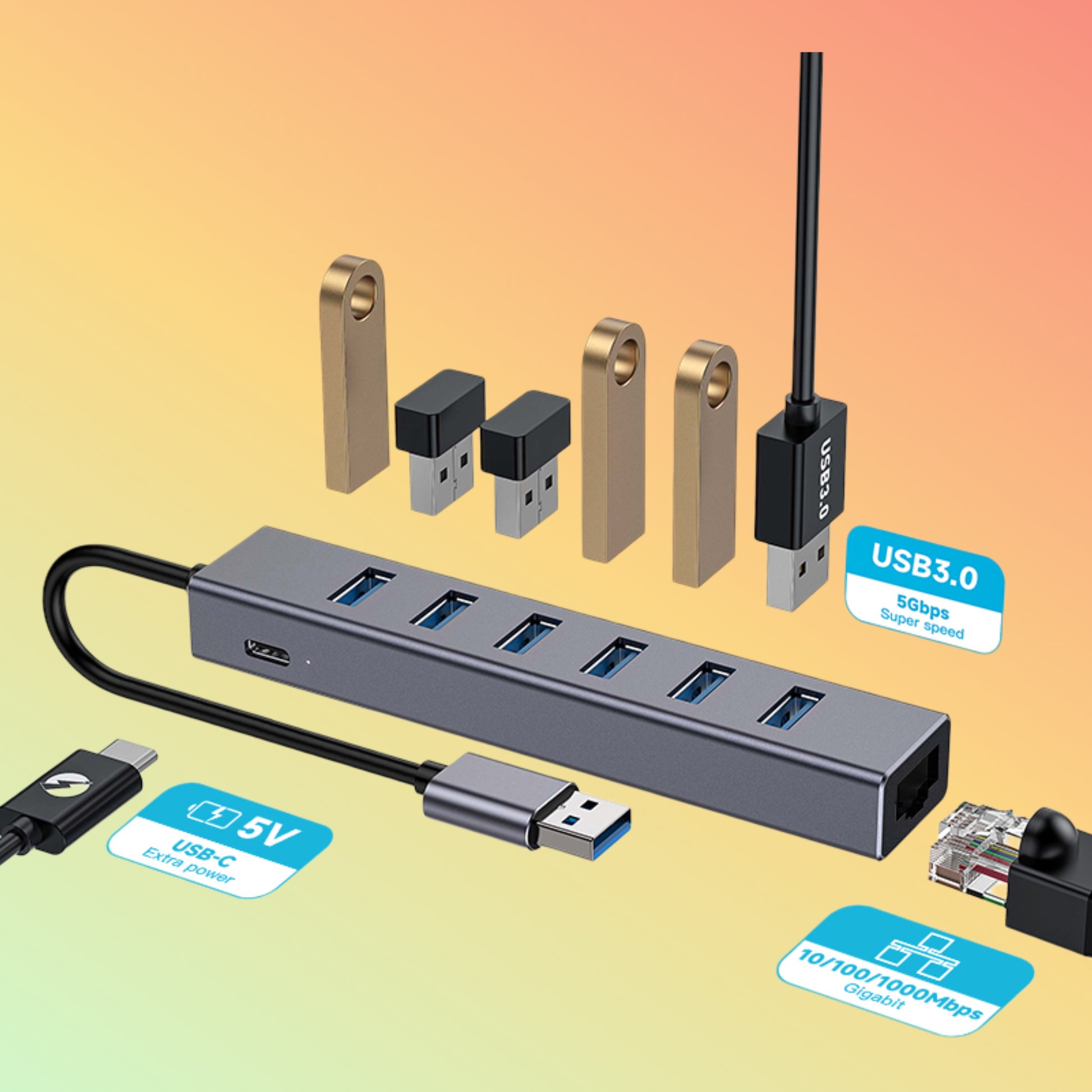 NEO-007-A USB 3.0 Hub with Gigabit LAN 6-Port Aluminum Adapter – NEOTECH® UAE
