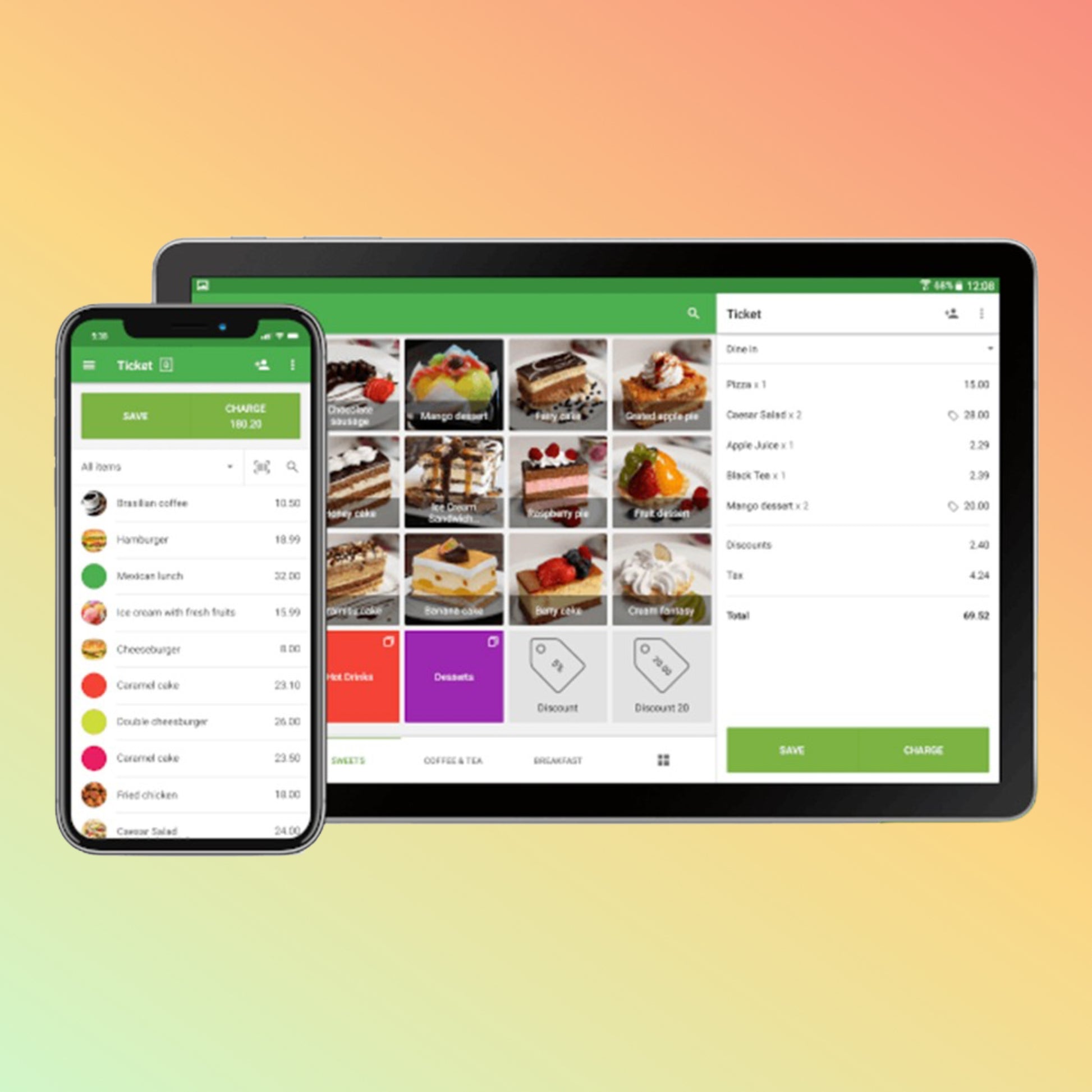 Tablet and smartphone displaying a food ordering app on a gradient background