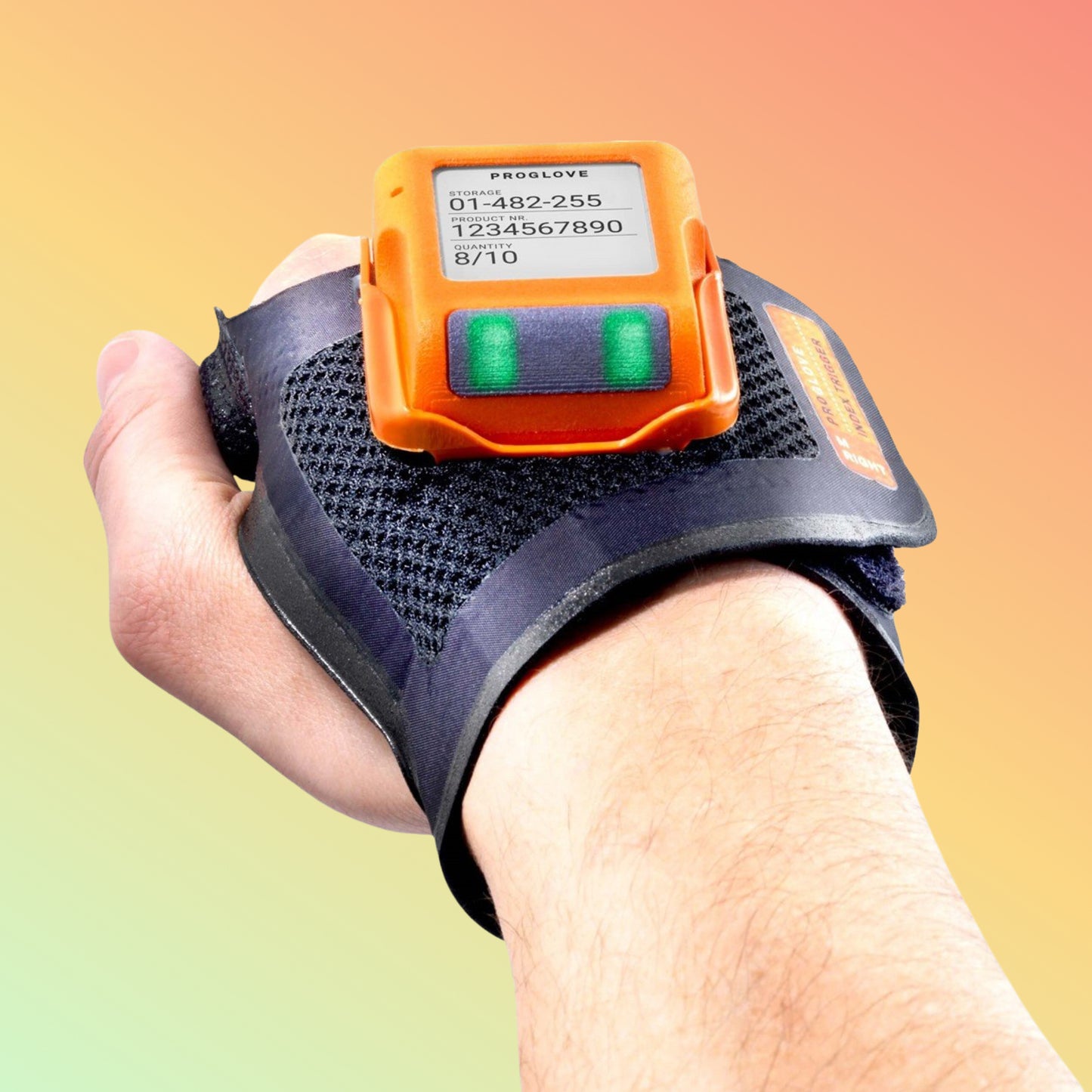 Hand wearing a black glove with an orange digital display on a gradient background