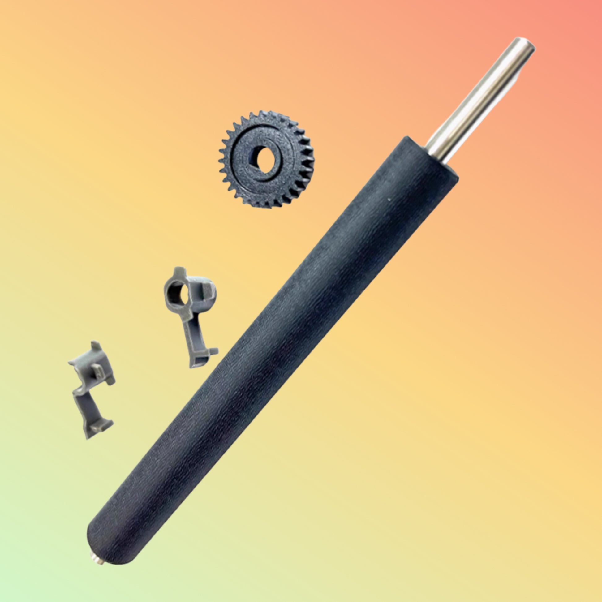 Mechanical components including a black cylindrical rod, gear, and two metal brackets on a gradient background.