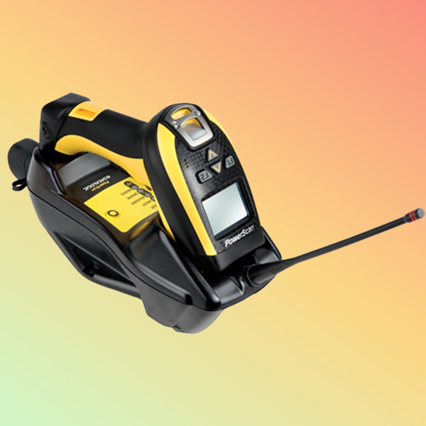 Yellow and black device with antenna on a gradient background