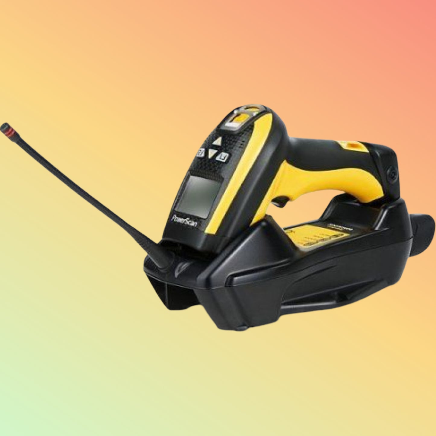 Black and yellow barcode scanner on a gradient background