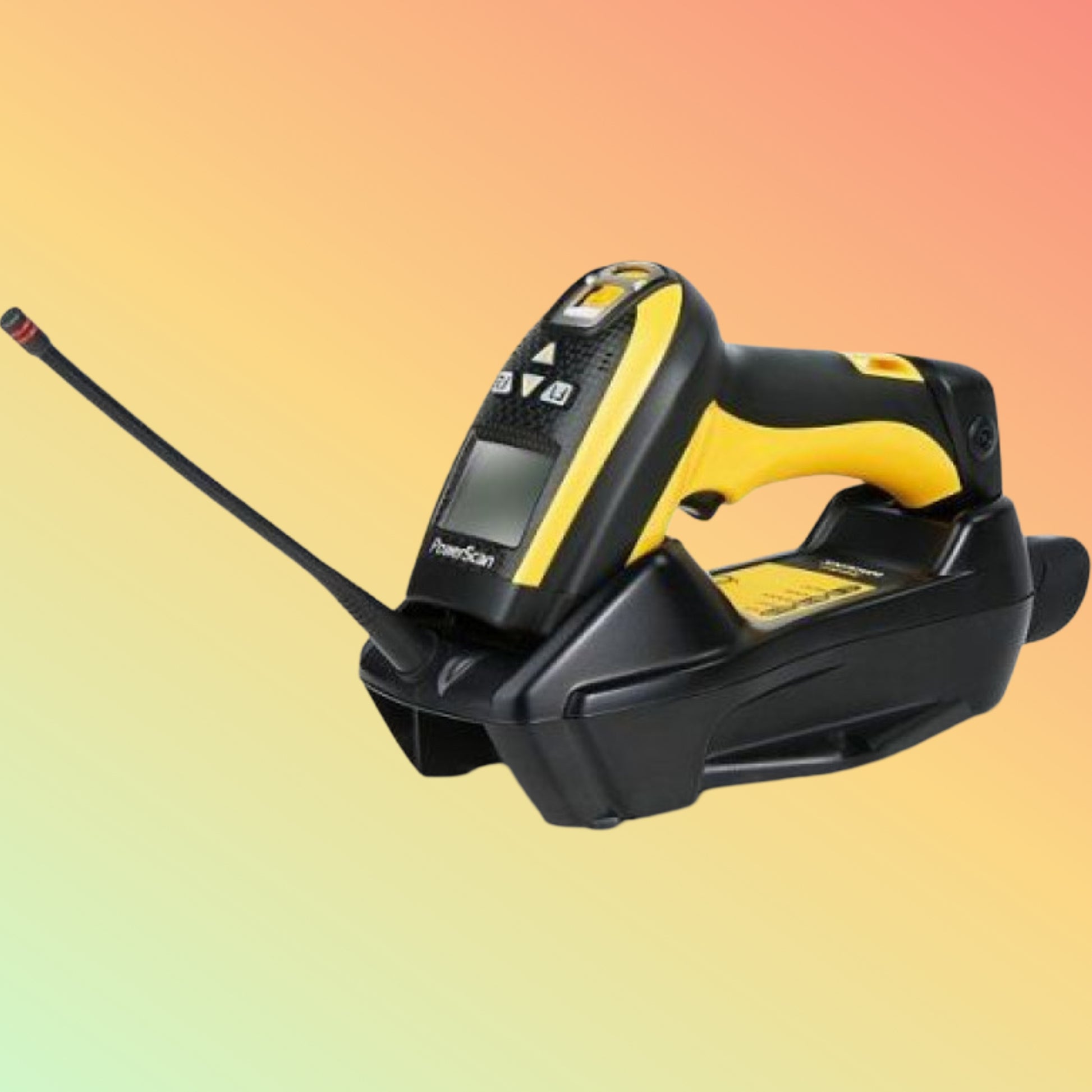 Black and yellow barcode scanner on a gradient background