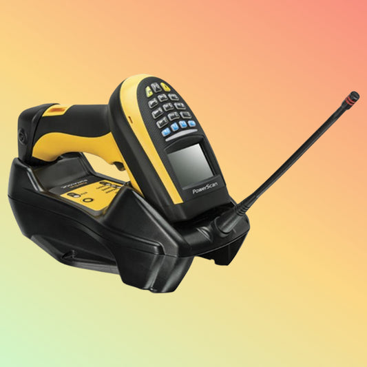 Black and yellow barcode scanner on a gradient background