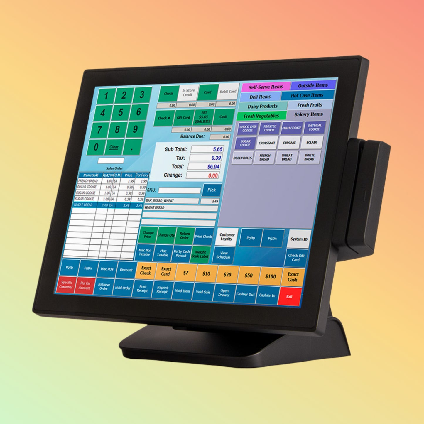 Touchscreen POS system on a gradient background
