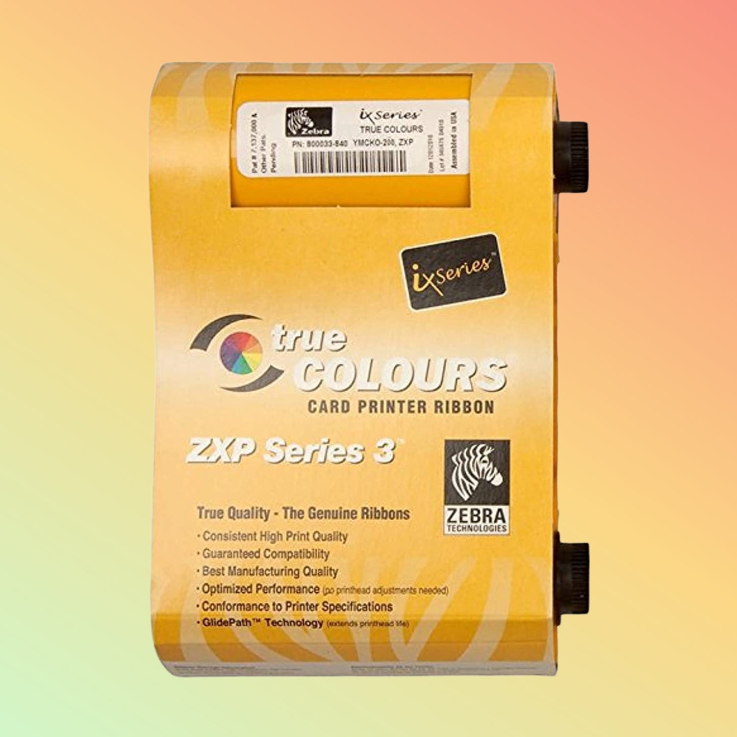 Full-color YMCKO ribbon for Zebra ZXP Series 3 printers.
