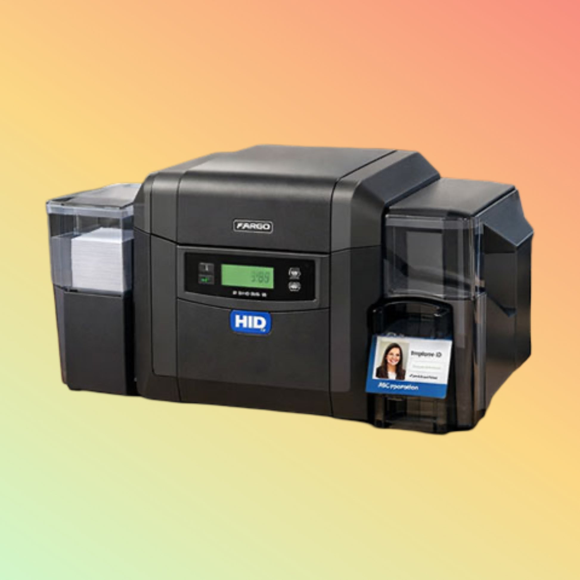 HID Fargo card printer on a gradient background
