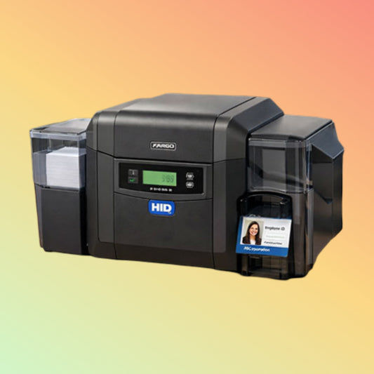 HID Fargo card printer on a gradient background