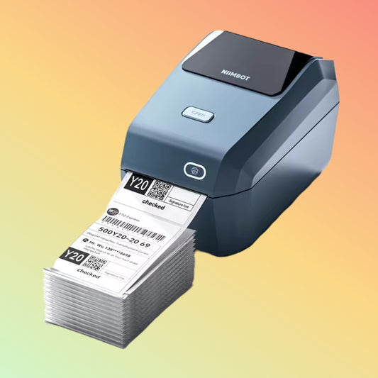 "Niimbot K3 multi-function thermal label printer with USB connection, printing on 80mm thermal roll paper for office and shipping use."