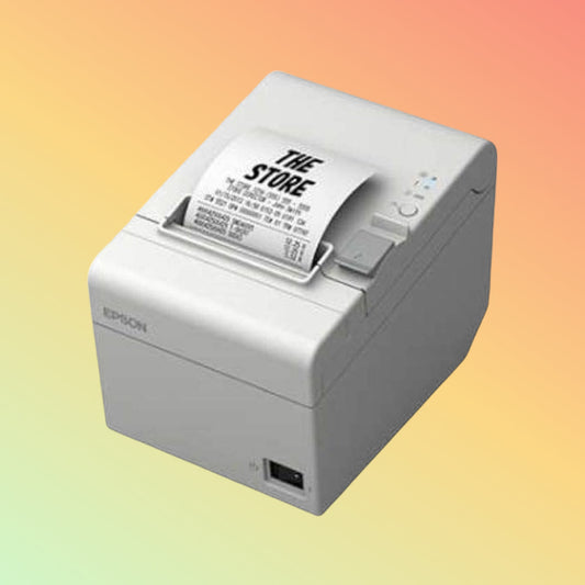 Alt="Epson T20III white thermal receipt printer in action, showcasing sleek design and efficient receipt printing."