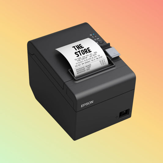 Alt="Epson T20III thermal receipt printer processing a sale, demonstrating speed and clarity in printouts."