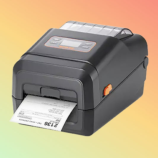 alt="Close-up of Bixolon XL5-40's printing slot with a label being printed, perfect for eco-friendly labeling."