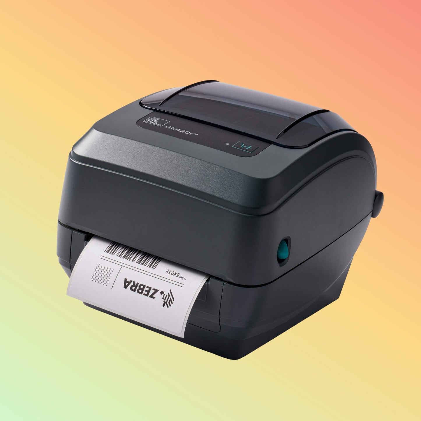 Alt="Operating Zebra GK420T printer, emphasizing thermal transfer technology for durable and clear barcode labels."