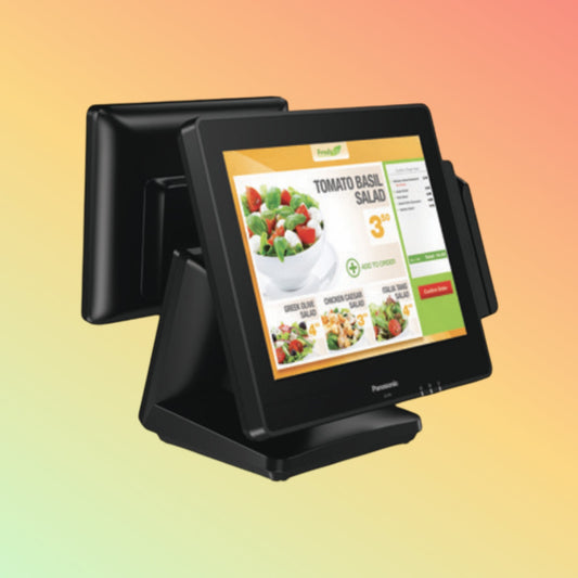 Alt="Panasonic STINGRAY III POS system in a retail setting, showing its versatile touch screen for efficient sales."