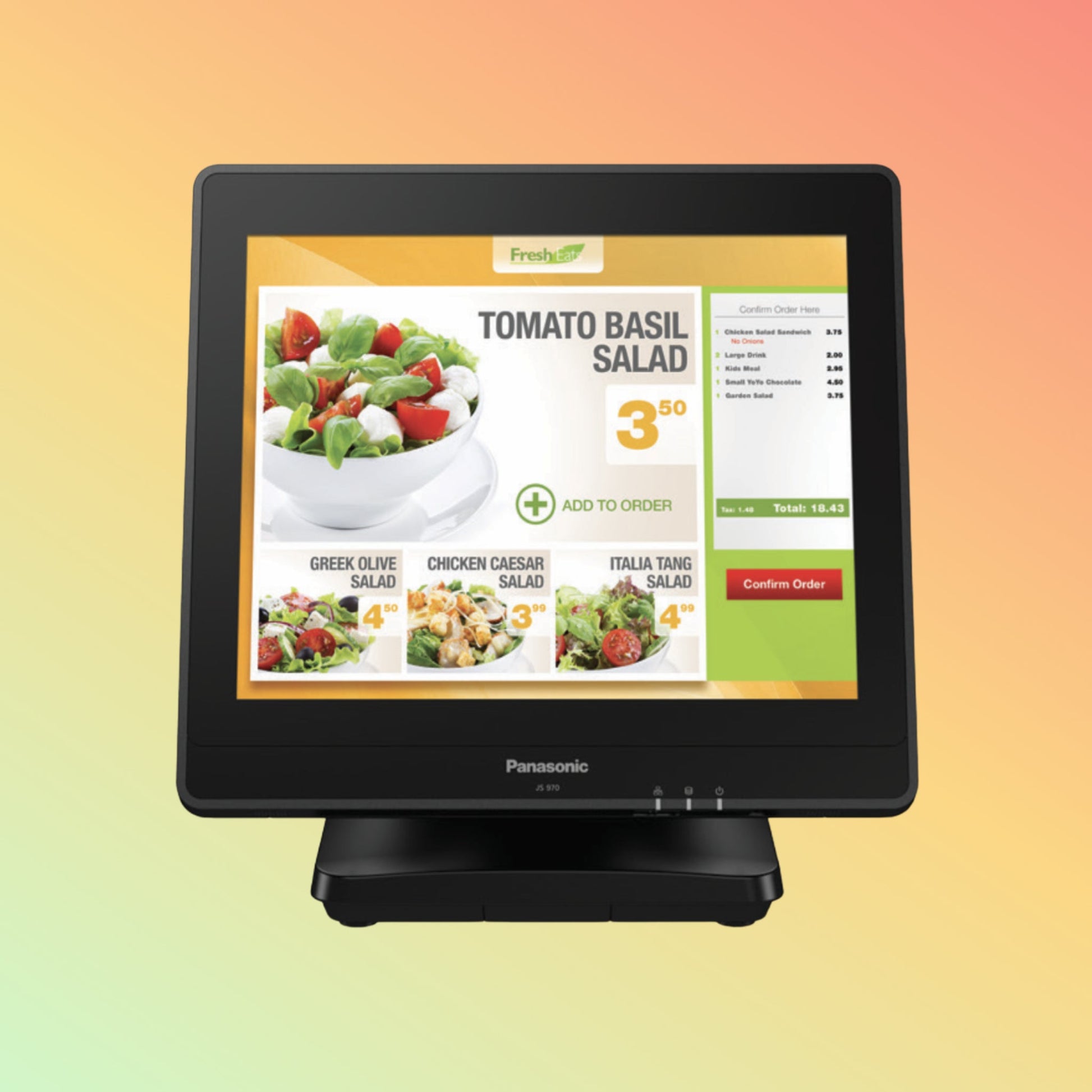 Alt="Close-up of Panasonic JS970WS POS touchscreen, showing a user-friendly interface for quick and efficient sales transactions."