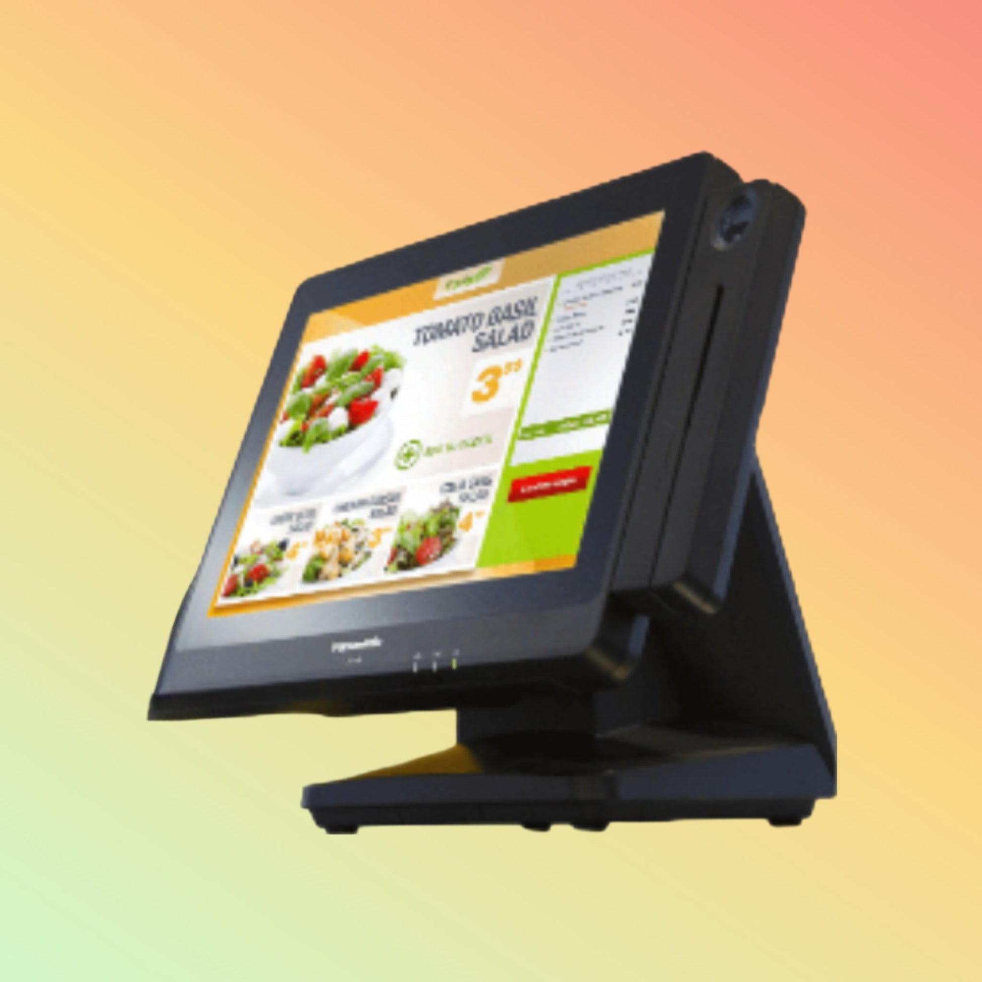 Alt="Panasonic JS970WS POS system configured in a restaurant, demonstrating its versatility with a kitchen display system for order management."