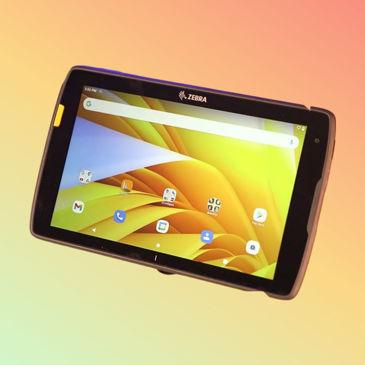 Alt="Close-up of Zebra ET45 rugged tablet's durable casing, designed to withstand drops and harsh weather conditions."