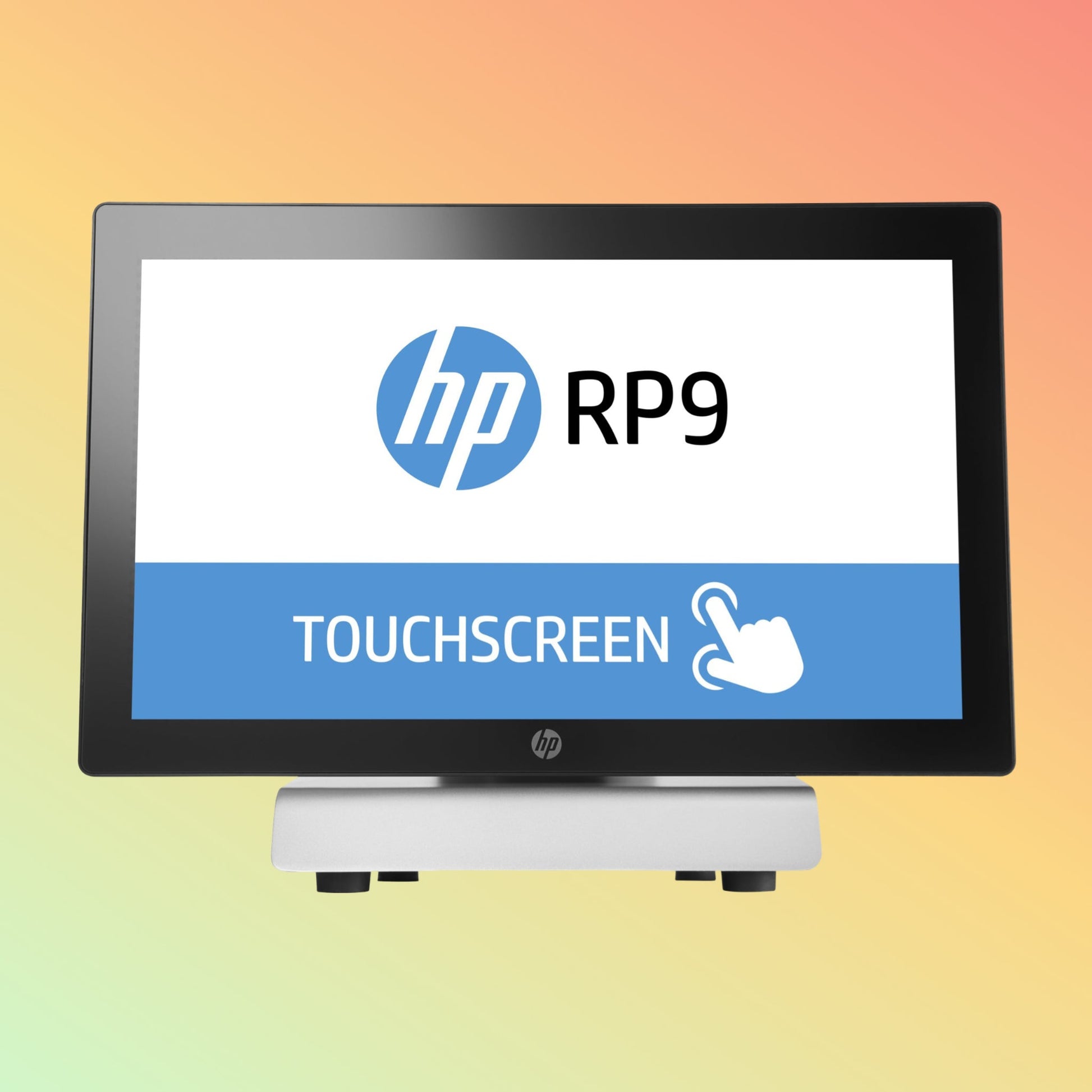 Alt="HP RP9 G1 Retail System in action, featuring a large display for interactive customer transactions."