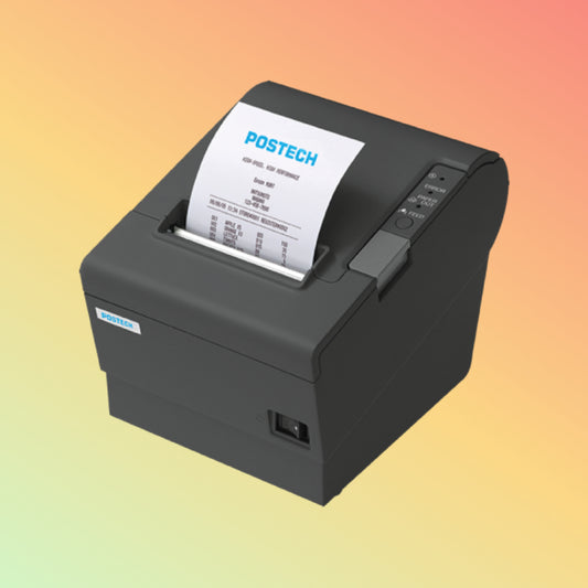"Fast thermal receipt printer Postech PT-R88VI for retail, high-speed 300mm/s, versatile USB/Ethernet connectivity."