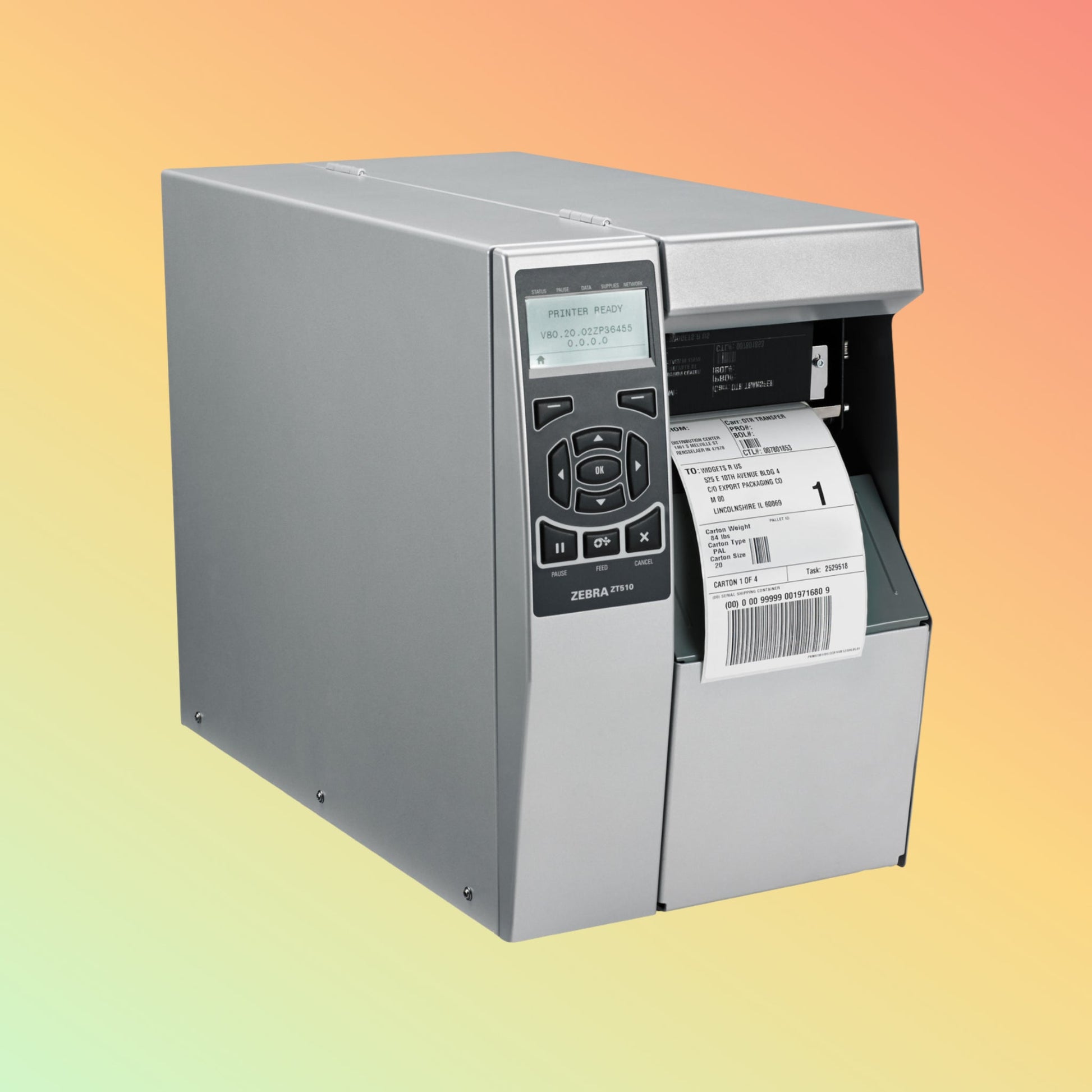 alt="Durable Zebra ZT510 Printer with Roll of Labels"