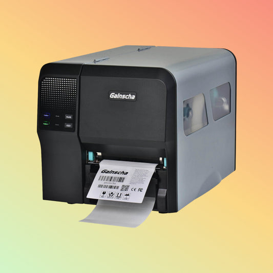 "Gainscha GI-2408T industrial printer, efficient operation with USB, Ethernet, Wi-Fi for manufacturing and logistics."