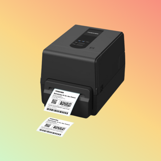 alt="TOSHIBA DB-EA4D label printer designed for dual-sided printing, featuring compact design, high-resolution output, and efficient thermal printing."