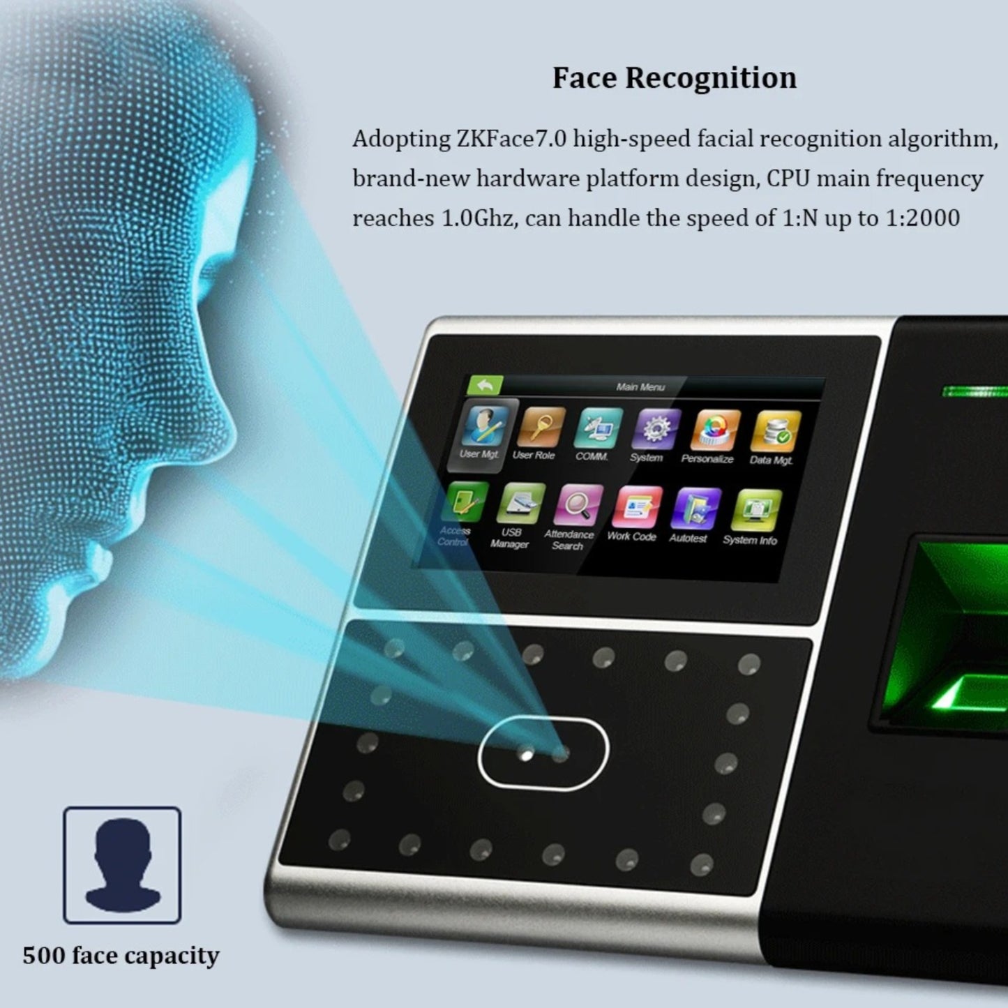 Mounted iFace302: ZKTeco iFace302 Biometric Terminal mounted on a wall in a corporate office for time attendance and access control.