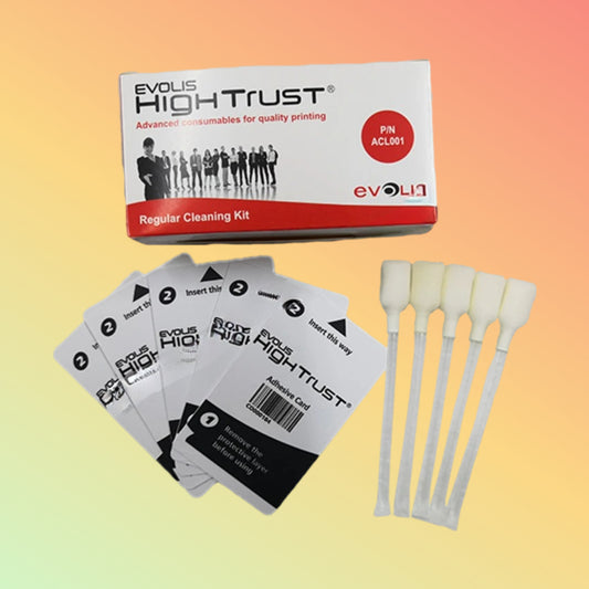 Evolis ACL001 Cleaning Kit Components: Includes 5 adhesive cleaning cards and 5 alcohol swabs for Evolis Zenius and Primacy printers.