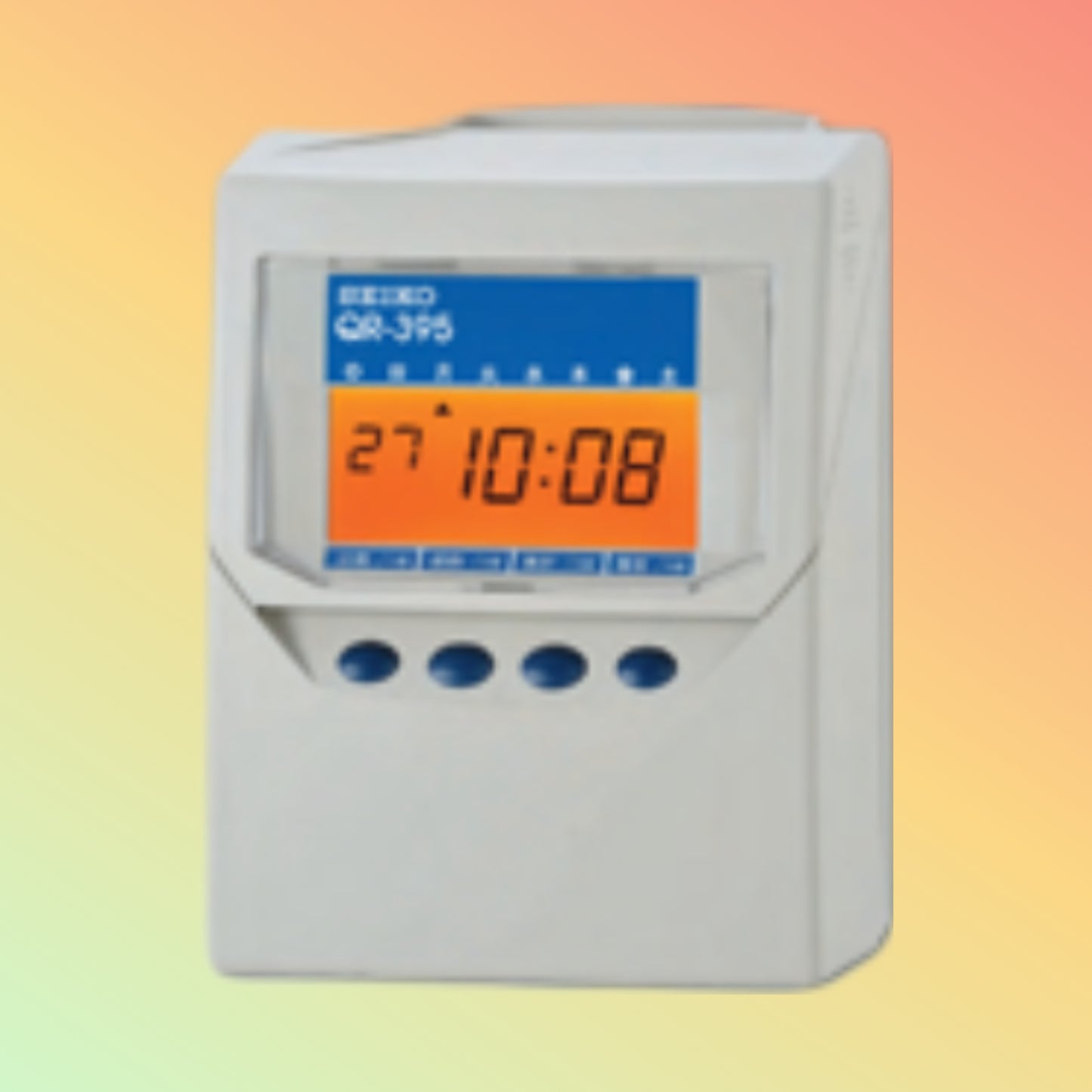 "TQR-395 Time Recorder showing backlit LCD display and barcoded time card"