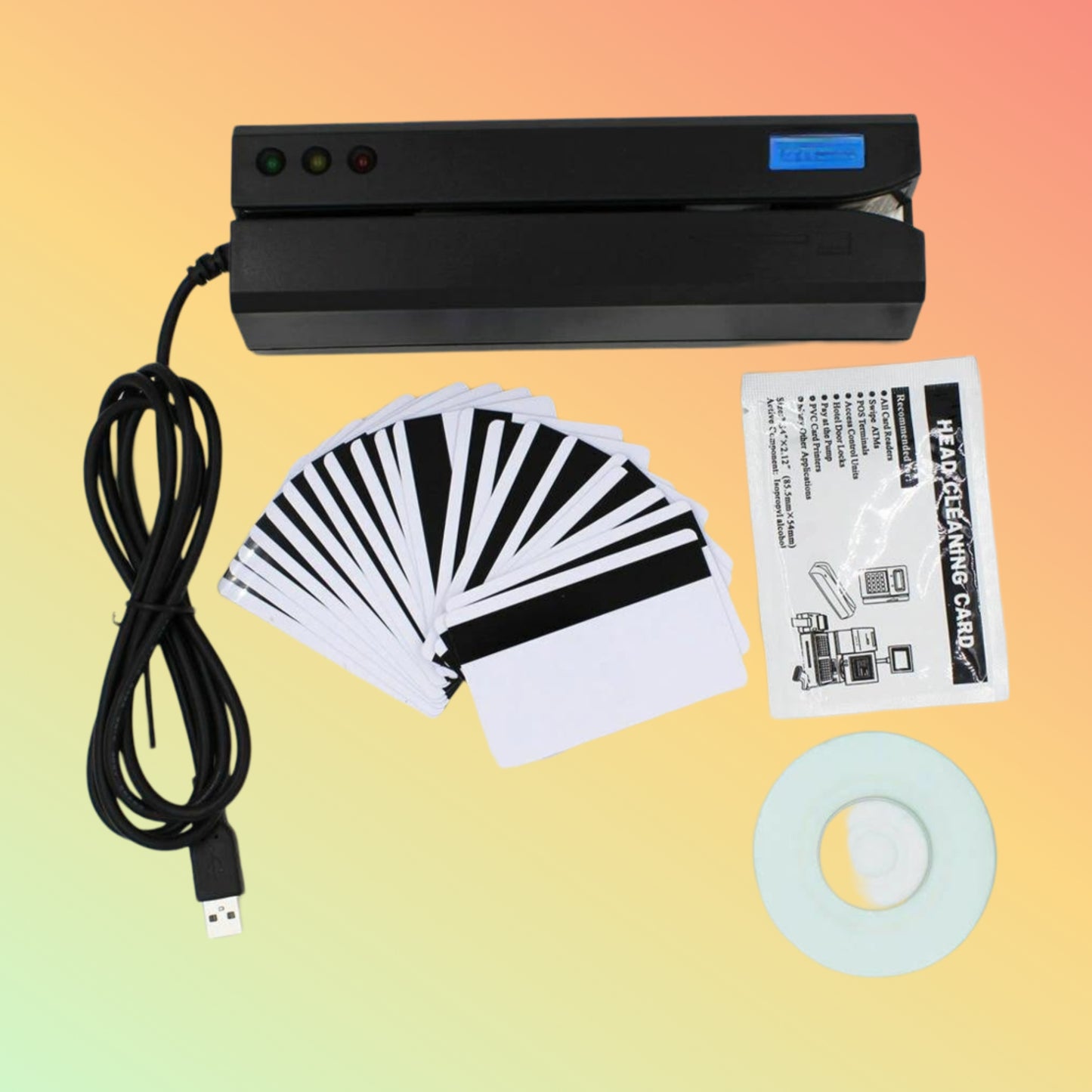 "Detailed view of POSTECH MSR605X showing USB interface and magnetic stripe card slot."